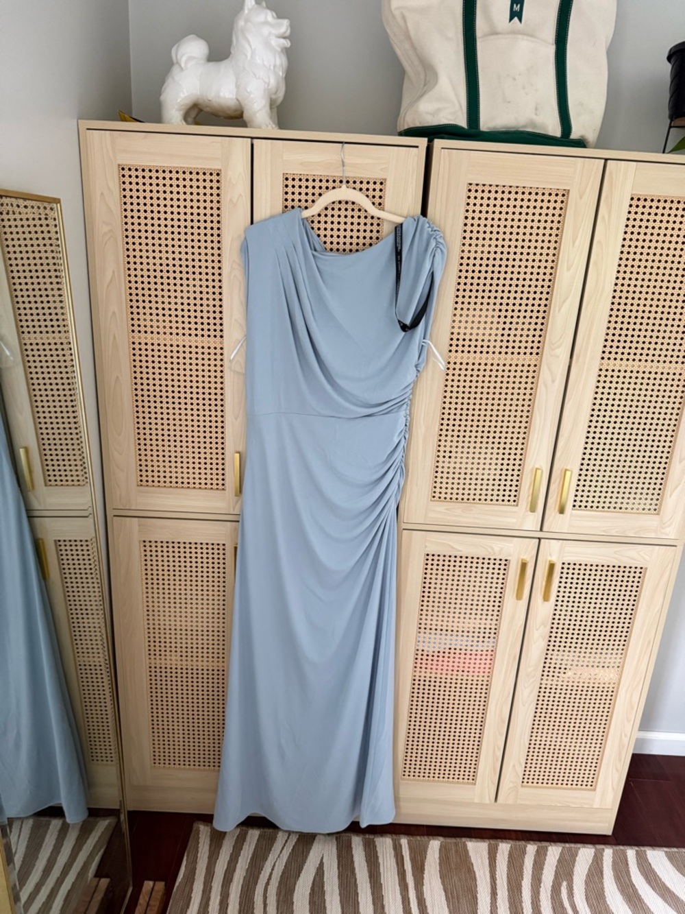 Lorna Asymmetric Neck Stretch Sculpt Bridesmaid Dress- Pale Blue